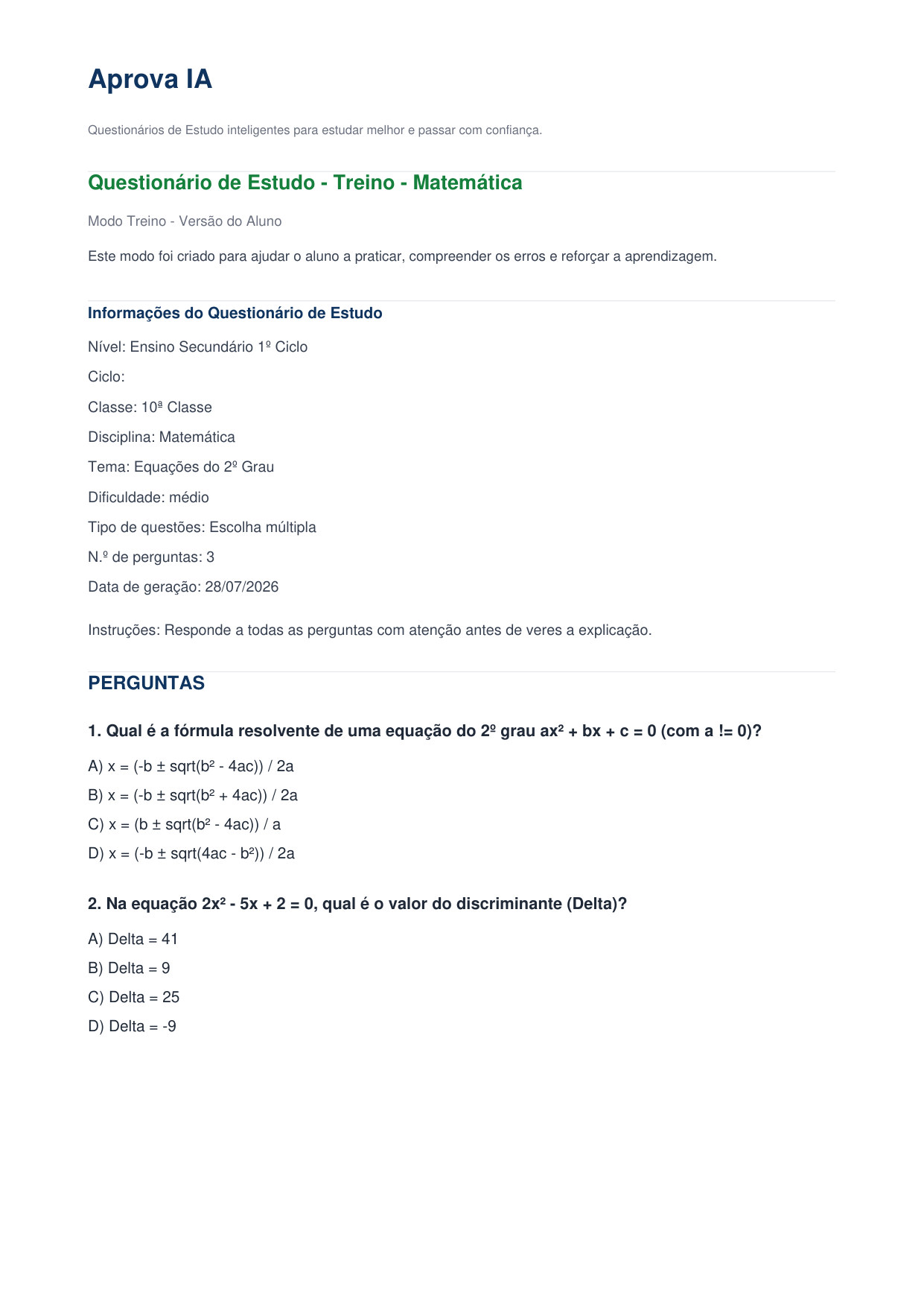 Exemplo real de um Questionário de Estudo gerado pelo Aprova IA, disciplina de Matemática, 10ª Classe